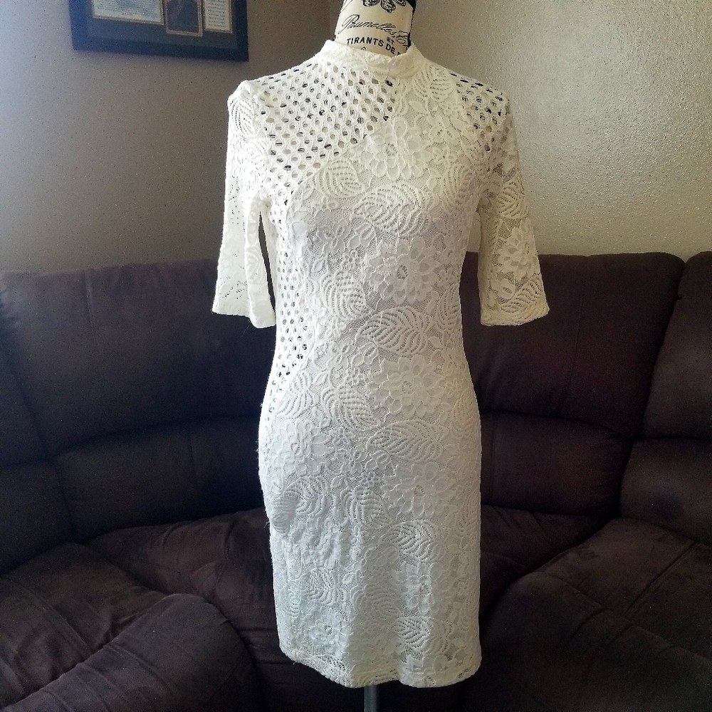 BEBE Crochet Knit Lace Dress - White - Size Med